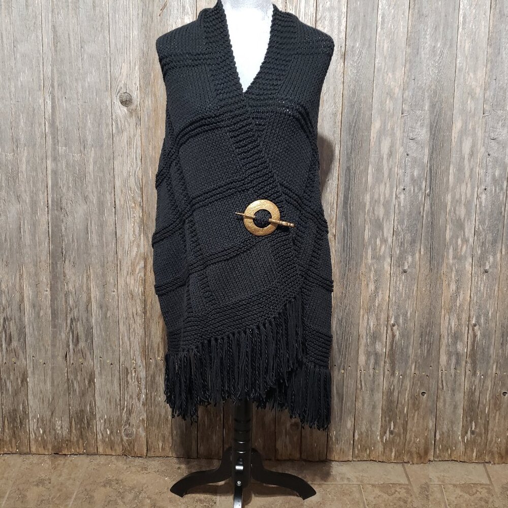 NEW Black Hand Knit Shawl Wrap Scarf Boho Hippie Knitted Rectangle Cover Up